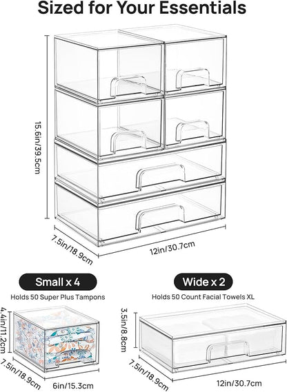 Vtopmart Stackable Storage Drawers Set of 6, Clear Plastic Organizer Bins for Bathroom Supplies, Ideal for Cabinet,Shelf, Pantry, Laundry Room Organization - Image 2
