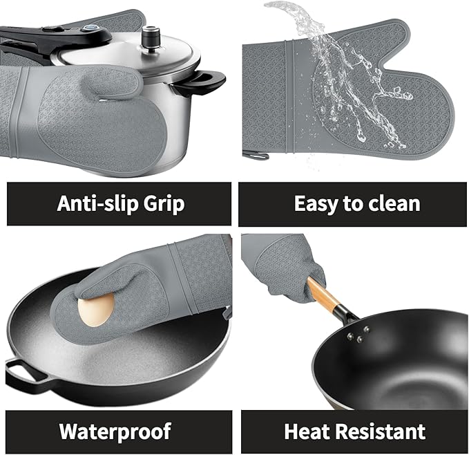 Hovico Silicone Oven Mitts, Heat Resistant 500F Kitchen Mitts 2PCS, 11.6" BPA-Free Soft Baking Gloves, Non-Slip Grip Oven Gloves with Soft Cotton Lining for Kitchen Cooking Baking BBQ - Gray - Image 4