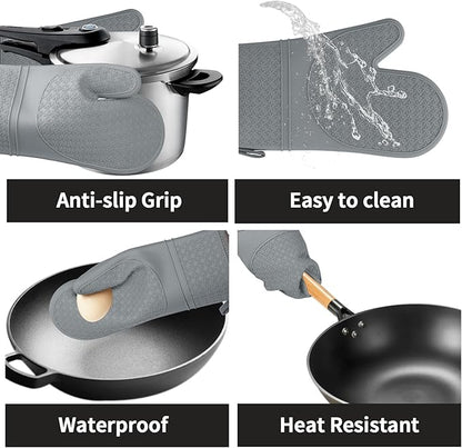 Hovico Silicone Oven Mitts, Heat Resistant 500F Kitchen Mitts 2PCS, 11.6" BPA-Free Soft Baking Gloves, Non-Slip Grip Oven Gloves with Soft Cotton Lining for Kitchen Cooking Baking BBQ - Gray - Image 4