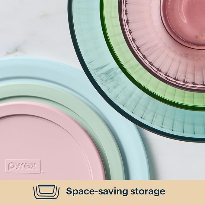 Pyrex Colors (3-Pack, Full Set) Sculpted Tinted Glass Mixing Bowls With Plastic Lids, Nesting Space Saving Set of Bowls For Prepping and Baking, 1.3QT, 2.3QT & 4.5Q, (Pink, Green, Aqua) - Image 4