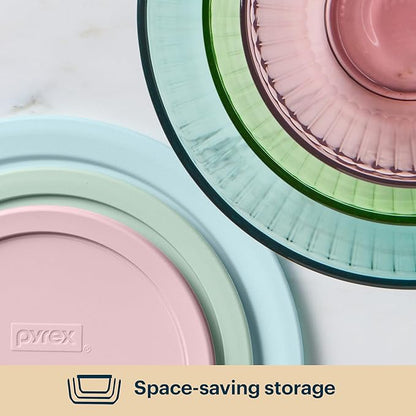 Pyrex Colors (3-Pack, Full Set) Sculpted Tinted Glass Mixing Bowls With Plastic Lids, Nesting Space Saving Set of Bowls For Prepping and Baking, 1.3QT, 2.3QT & 4.5Q, (Pink, Green, Aqua) - Image 4