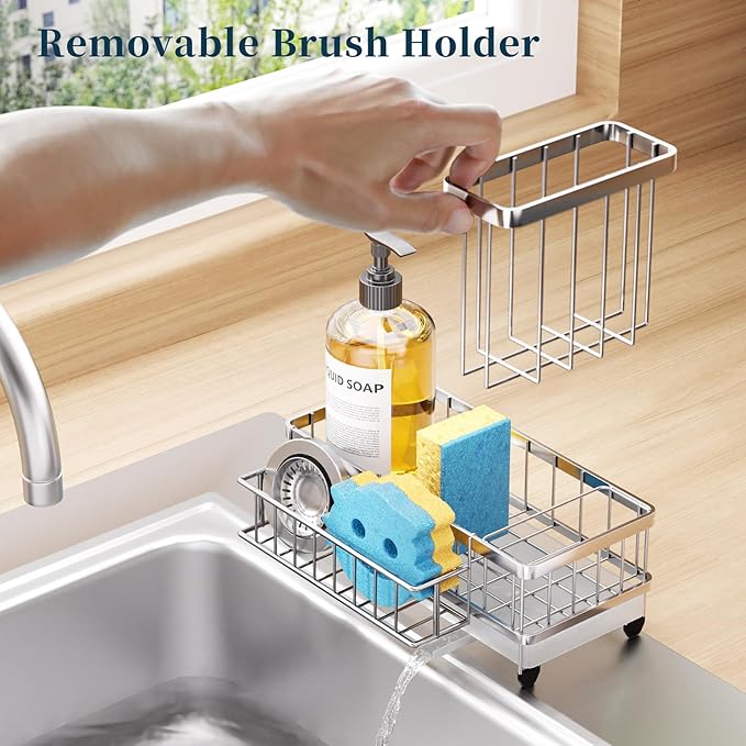 Consumest Sponge Holder for Kitchen Sink - Auto Draining Sink Caddy Organizer with Detachable Rack, High Brush Holder, Kitchen Countertop Storage Accessories, Silver - Image 3