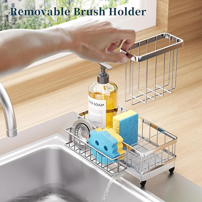Consumest Sponge Holder for Kitchen Sink - Auto Draining Sink Caddy Organizer with Detachable Rack, High Brush Holder, Kitchen Countertop Storage Accessories, Silver - Image 3
