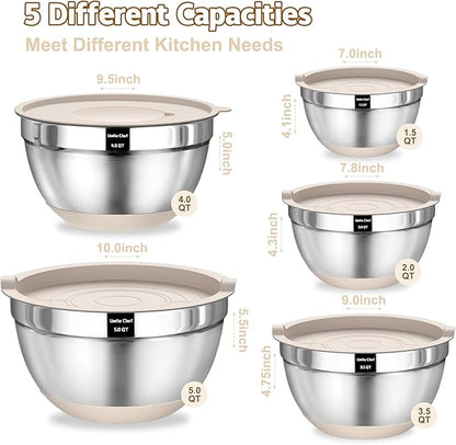 Umite Chef Mixing Bowls with Airtight Lids Set, 8PCS Stainless Steel Nesting Bowls with Grater Attachments, Non-Slip Bottoms, 5, 4, 3.5, 2, 1.5QT for Mixing & Serving - Image 2