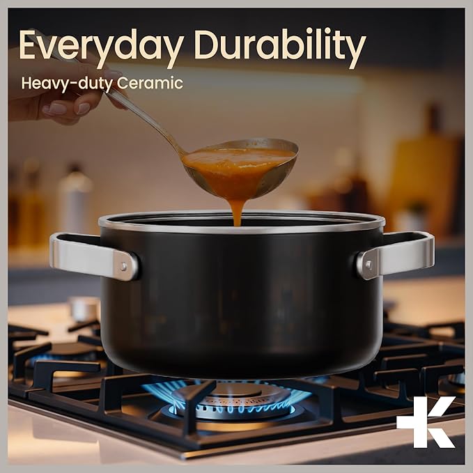 Bakken 3 Quart Ceramic Coated Stock Pot with Lid, Easy to Clean Nonstick Pot, Tempered Glass Lid, Riveted Stainless Steel Handles, Oven Safe Up To 500°F, PTFE & PFAS Free, All Stove Compatible, Black - Image 7