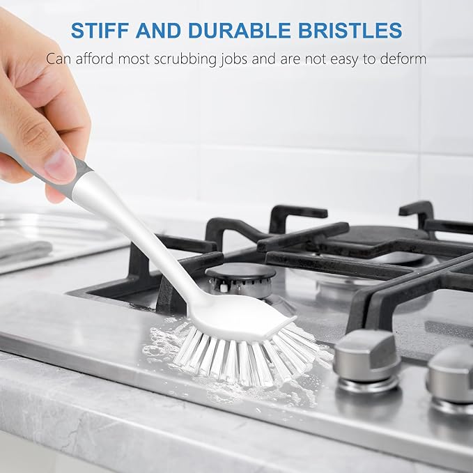 SetSail Dish Brush with Handle, 3 Pack Stiff Bristles Dish Scrubber with Built-in Scraper Dish Scrub Brushes for Cleaning Dishes, Pots and Pans, Kitchen Sink, 3 Pack, Grey White - Image 4