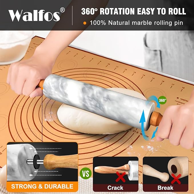 Walfos Marble Rolling Pin Set With Non Stick Silicone Pastry Mat, 16.5 Inch Dough Rolling Pins For Making Pizza, Tortillas And Cookies, Backing Rolling Pin For Pie Crust, Pizza, Pasta (Gray & White) - Image 2