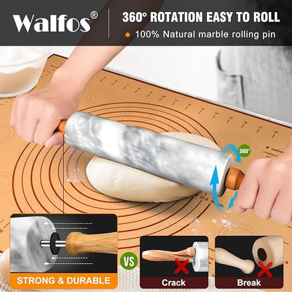 Walfos Marble Rolling Pin Set With Non Stick Silicone Pastry Mat, 16.5 Inch Dough Rolling Pins For Making Pizza, Tortillas And Cookies, Backing Rolling Pin For Pie Crust, Pizza, Pasta (Gray & White) - Image 2