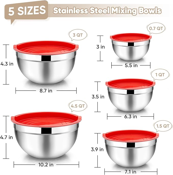 TeamFar Mixing Bowls, 4.5/3/1.5/1/0.7 QT, Stainless Steel Metal Nesting Salad Bowl with Lid Set, Ideal for Mixing Serving, Non-Toxic & Sturdy, Airtight Lid & Easy Clean, Red-Set of 5 - Image 2