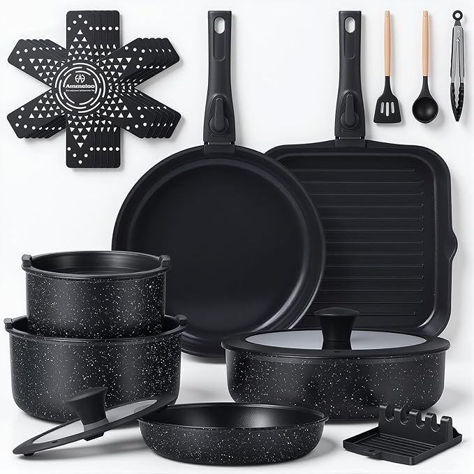 Ammeloo 21 Pcs Pots and Pans Set Non Stick with Detachable Handle & Grill Pan, Induction Ceramic Cookware Set, Non Toxic Kitchen Pots and Pans Set for RVs,Camping, Oven/Dishwasher Safe, Black by Unknown