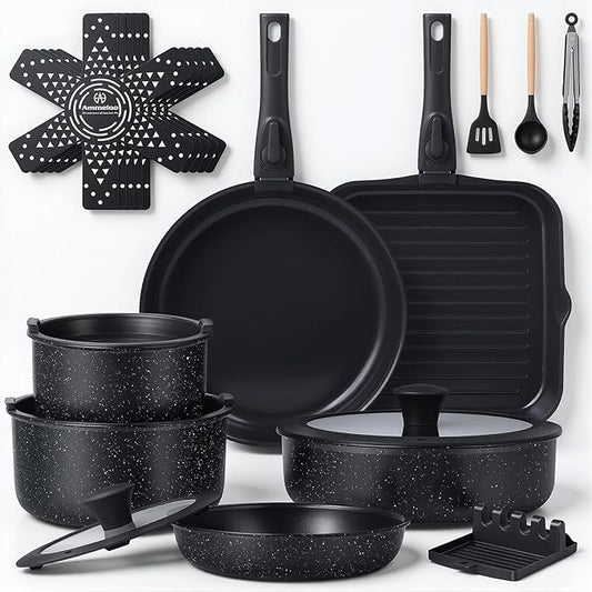 Ammeloo 21 Pcs Pots and Pans Set Non Stick with Detachable Handle & Grill Pan, Induction Ceramic Cookware Set, Non Toxic Kitchen Pots and Pans Set for RVs,Camping, Oven/Dishwasher Safe, Black by Unknown