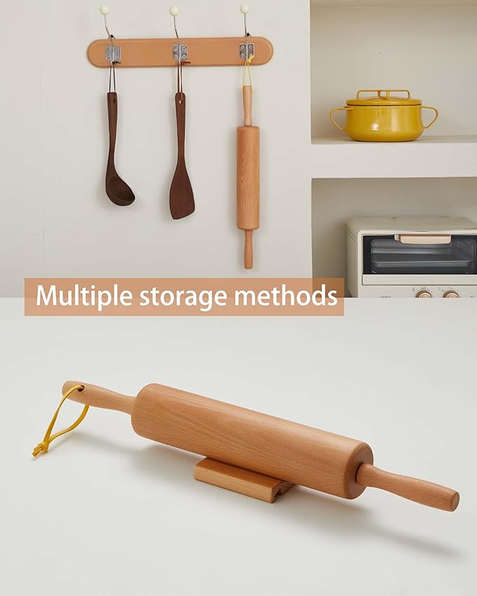 Classic Wood Rolling Pin, 17" Rolling Pins for Baking with Silicone Mat and Adjustable Thickness Rings, Pasta Roller with Wood Base, Fondant Roller for Pie Crust, Cookies, Pizza Dough and Bread - Image 5