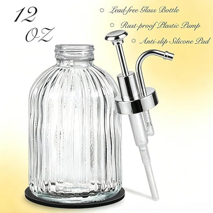 SheeChung Clear Glass Soap Dispenser, 12 Oz Liquid Hand Soap Dispenser with Pump, Refillable Lotion Dish Soap Dispenser for Kitchen, Stripes Shampoo Bottle, Bathroom Countertop (Silver Pump, 2 Pack)