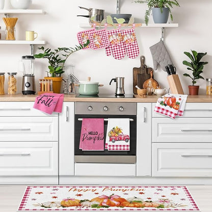 Fanfanwin 10 Pcs Thanksgiving Pumpkin Kitchen Decor Set Pink Kitchen Towels Pot Holders Oven Mitts and Rugs Set for Baking Cooking BBQ Thanksgiving Home Decor