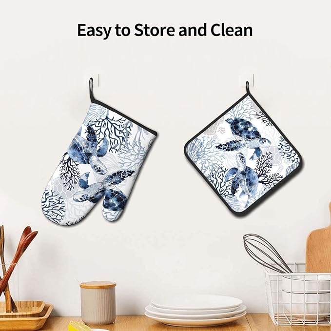 Coastal Oven Mitts and Pot Holders Sets of 2 Summer Kitchen Mitts Blue Sea Turtle Hot Pads for Cooking Baking Grilling - Image 6