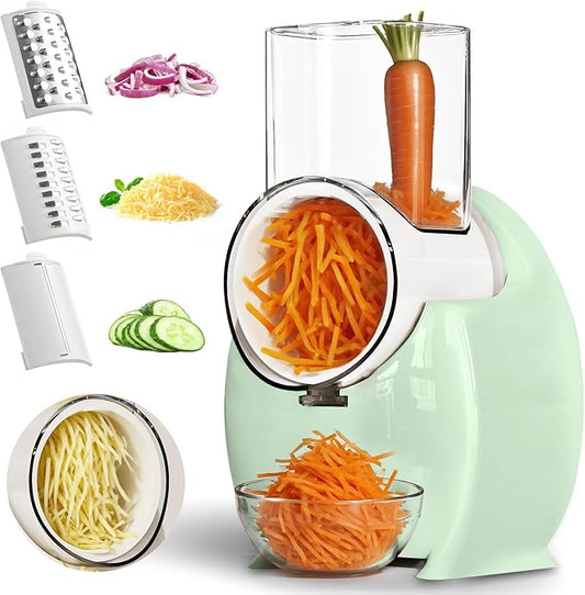 Electric Cheese Grater for Block Cheese - 3 in 1 Rotary Cheese Grater Electric Rotary Grater Salad Shooter Electric Slicer for Cheeses, Fruits, Vegetables and Nuts (Green, L)