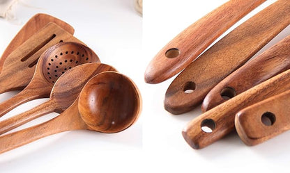 6Pcs Wooden Spoons for Cooking, Wood Kitchen Utensil Set with Holder, Natural Acacia Wood, Heat Resistant, Non-Stick, Wooden Cooking Utensils Set for Mom, Wife Cooking Gifts