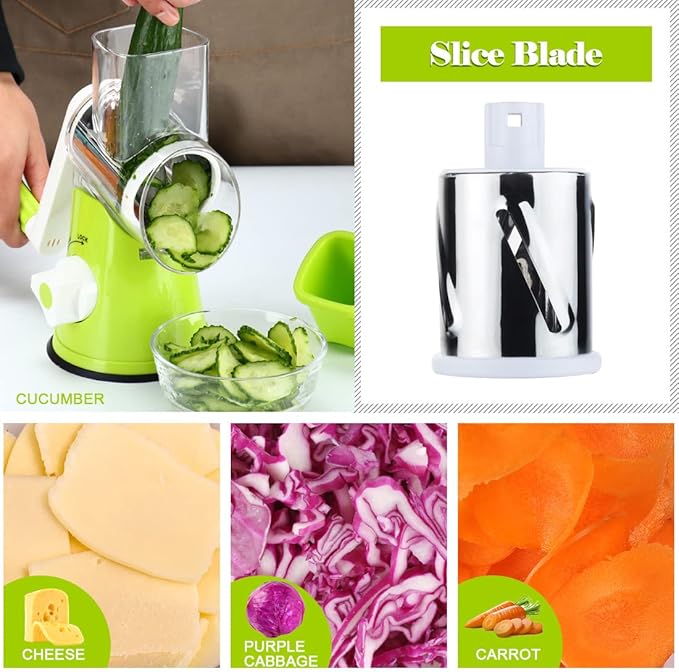 Ourokhome Rotary Cheese Grater Hand Crank, Kitchen Shredder Speed Mandolin Slicer Nut Grinder with Handle and Drum Blades for Cheese, Vegetable, Walnut, Chocolate, Potato, Carrot, 3 Blades, Green - Image 5