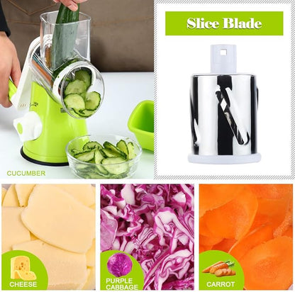 Ourokhome Rotary Cheese Grater Hand Crank, Kitchen Shredder Speed Mandolin Slicer Nut Grinder with Handle and Drum Blades for Cheese, Vegetable, Walnut, Chocolate, Potato, Carrot, 3 Blades, Green - Image 5
