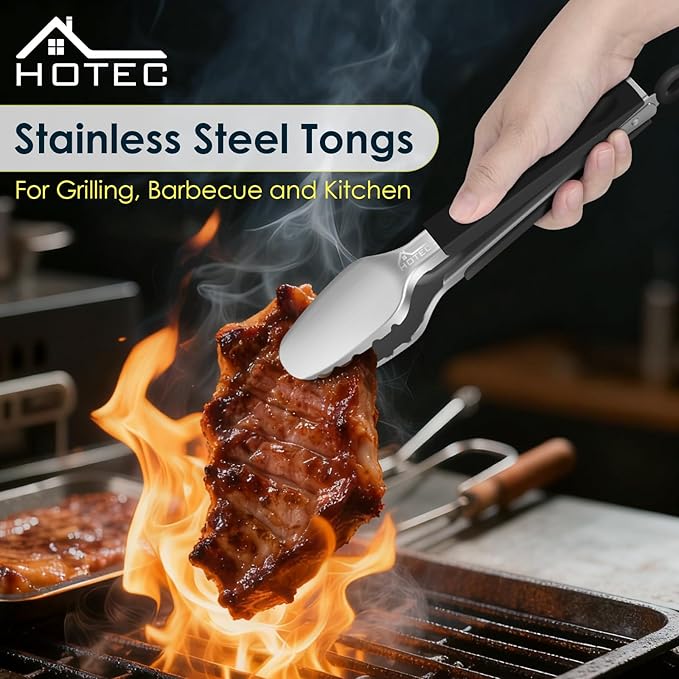 Hotec Stainless Steel Kitchen Tongs, Set of 2-9" and 12", Locking Metal Food Tongs for Cooking, Serving, BBQ, Grill Non-Slip Grip - Image 2