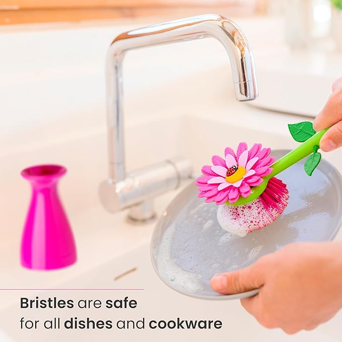 Vigar Flower Power Dish Brush with Handle and Vase Dish Brush Holder, Kitchen Scrub Brush for Pot Scrubber, Dishes, and Sink Cleaning, Pink, Green - Image 5