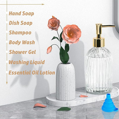 14Oz Gold Pump Glass Soap Dispenser, Clear Stripe Countertop Refillable Liquid Bottle Hand Dish Lotion Dispenser with Plastic Pump, for Kitchen, Bathroom