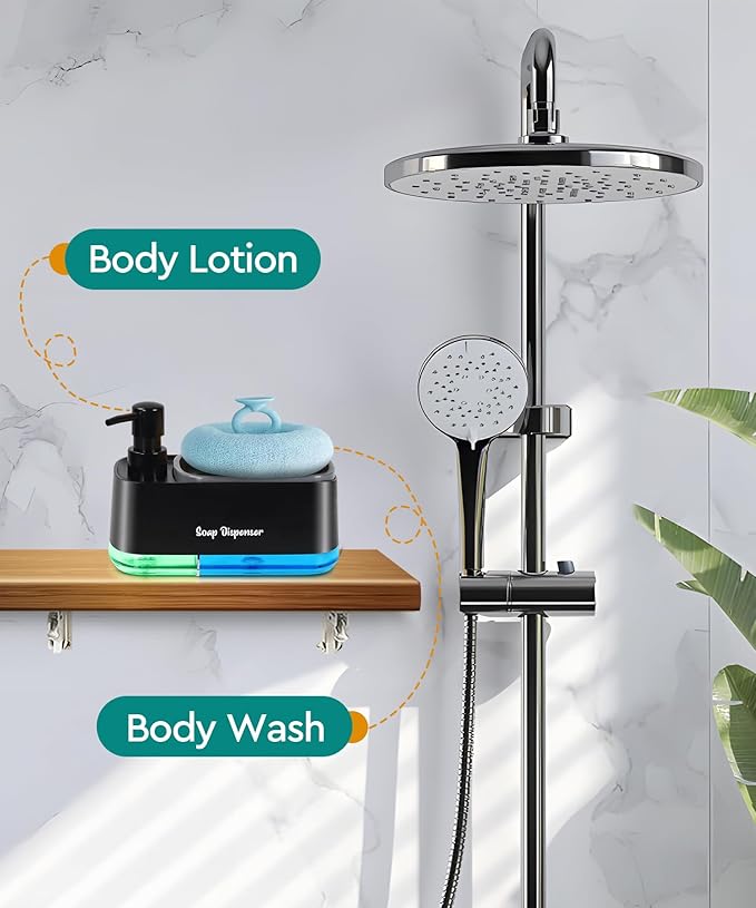 Kitchen Dish Soap Dispenser Set，Dish and Hand Soap Dispenser with Sponge Holder, 3-in-1 Countertop Sponge Dual Soap Pump Dispenser for Kitchen Sink - Black - Image 5