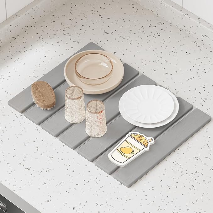 Stone Dish Drying Mat for Kitchen Counter,15.5''x11.8'' Foldable Quick Dry Stone Kitchen Mat,Eco-Friendly,Absorbent Diatomaceous Earth Mats for Dishes Bottles Cups Bathroom Any Countertop-Light Gray - Image 7