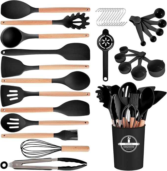 Kitchen Utensils Set - 34 PCS Non-Stick Silicone Cooking Utensils Set Spatula Set with Holder, Wooden Handle Spoon,Brush,Whisk Kitchen Gadgets Tools Set for Nonstick Cookware (Black-34P) by Stylishkitchenjoyfulmoment