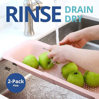 BLUE GINKGO Over the Sink Colander Strainer Basket - Wash Vegetables and Fruits, Drain Cooked Pasta and Dry Dishes - Extendable - New Home Kitchen Essentials (Pink, 2 Pack) - Image 2