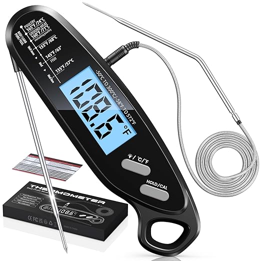 Instant Read Meat Thermometer Digital with Dual Probe, Food Thermometer for Cooking & Grilling, Large Backlit & Calibration, Grill Thermometer for Outside/Kitchen/Oven//Smoker/BBQ/Baking, Black by Vuwwey