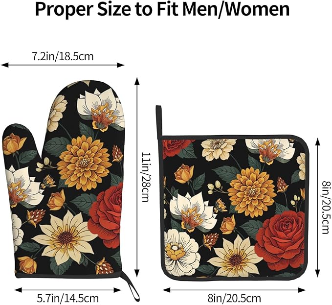 Boho Floral Oven Mitts and Pot Holders Sets of 2 Vintage Kitchen Mitts Bohemian Flower Hot Pads for Cooking Baking Grilling - Image 3