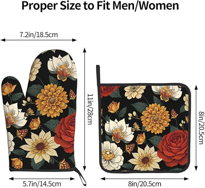 Boho Floral Oven Mitts and Pot Holders Sets of 2 Vintage Kitchen Mitts Bohemian Flower Hot Pads for Cooking Baking Grilling - Image 3