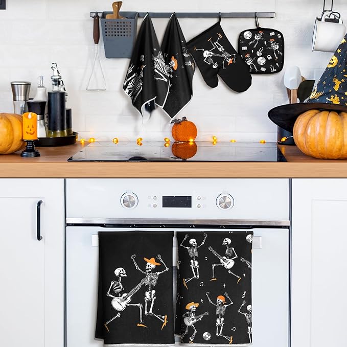 Leinuosen 8 Pcs Skull Kitchen Decor Set Kitchen Towels Gothic Oven Mitts and Pot Holders Skeleton Hand Dish Towels Horror Oven Mitts for Home Decoration Party Gifts (Modern Color,Music) - Image 2