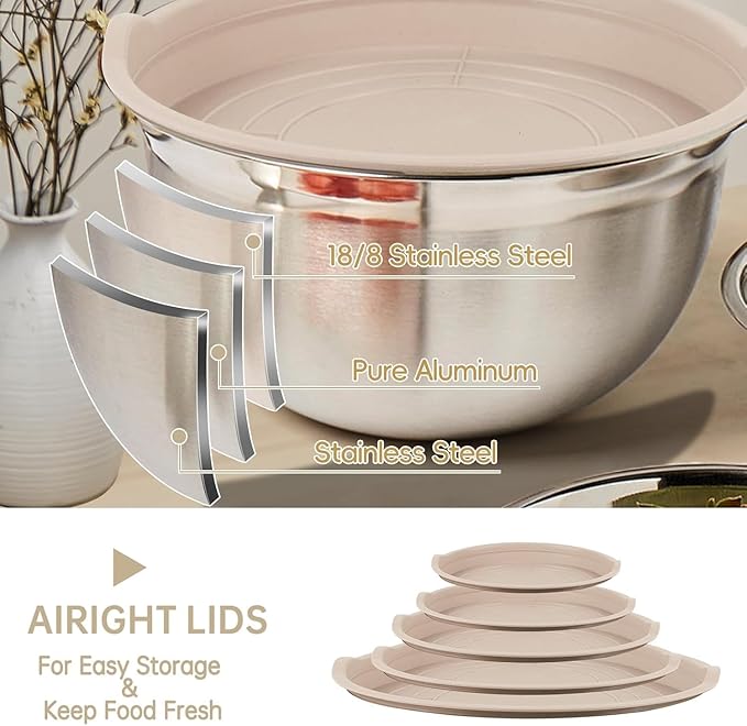 WEPSEN Mixing Bowls Set, 25PCS Khaki Mixing Bowls With Lids Set Stainless Steel Kitchen Large Nesting Metal Bowl 7QT to 1.5QT, Measuring Cups and Spoons for Prepping Cooking Serving - Image 6