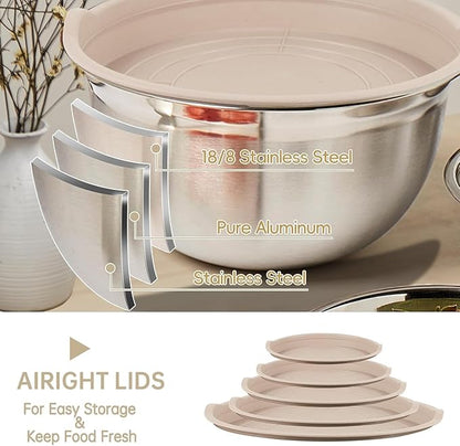 WEPSEN Mixing Bowls Set, 25PCS Khaki Mixing Bowls With Lids Set Stainless Steel Kitchen Large Nesting Metal Bowl 7QT to 1.5QT, Measuring Cups and Spoons for Prepping Cooking Serving - Image 6
