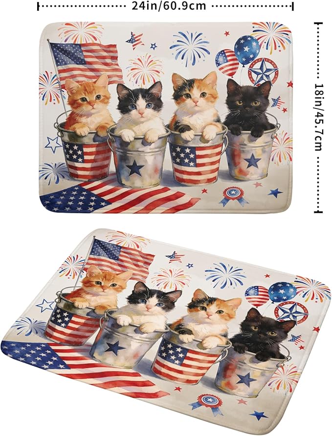 Vintage Patriotic Dish Drying Mat Cute Cats American Flag Drying Matt Kitchen Counter for Home Decor - Image 2