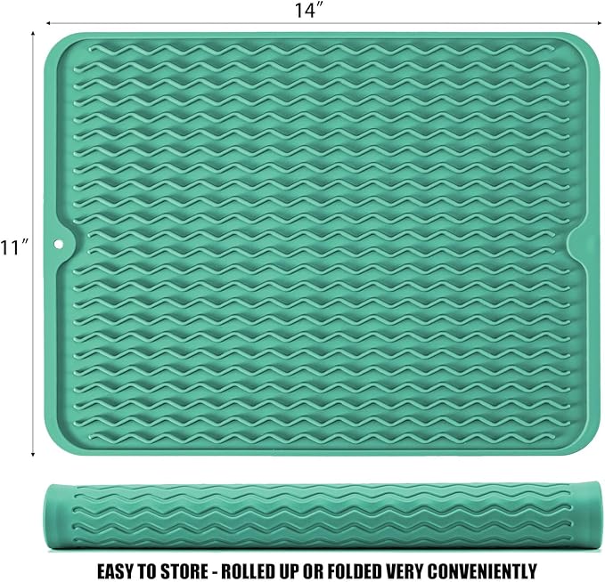 Large 14" x 11" Silicone Dish Drying Mat for Kitchen Counter, Easy clean, Quick Dry, Heat-resistant Dish Drainer Mat for Sink,Refrigerator or Drawer liner (Food Grade Silicone-Green) - Image 2