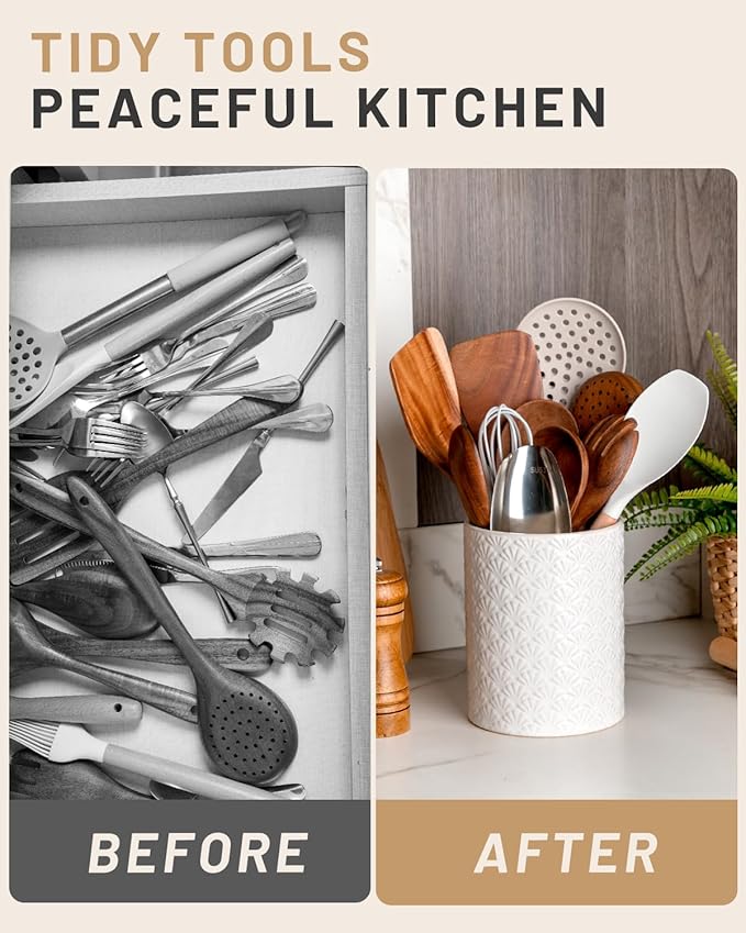 Nucookery 6.4'' Utensil Holder - Ceramic Utensil Holder for Kitchen Counter, Large Capacity Countertop Storage, Farmhouse Style Utensil Crock Organizer for Spoons, Spatulas & Cooking Tools - Image 5