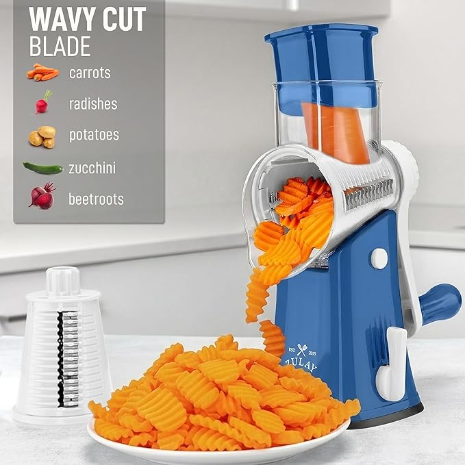 Zulay Kitchen Rotary Cheese Grater 5 Blade Cheese Shredder - Manual Hand Crank Cheese Grater With Reinforced Suction & 5 Interchangeable Drums - Easy to Use, Vegetable Chopper Round Mandoline Slicer - Image 4