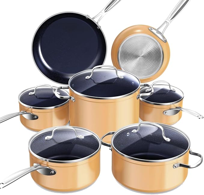 Nuwave Healthy Duralon Blue Ceramic Nonstick Cookware Set, Diamond Infused Scratch-Resistant, PFAS Free, Dishwasher & Oven Safe, Induction Ready & Evenly Heats, Tempered Glass Lids & Stay-Cool Handles by NuWave