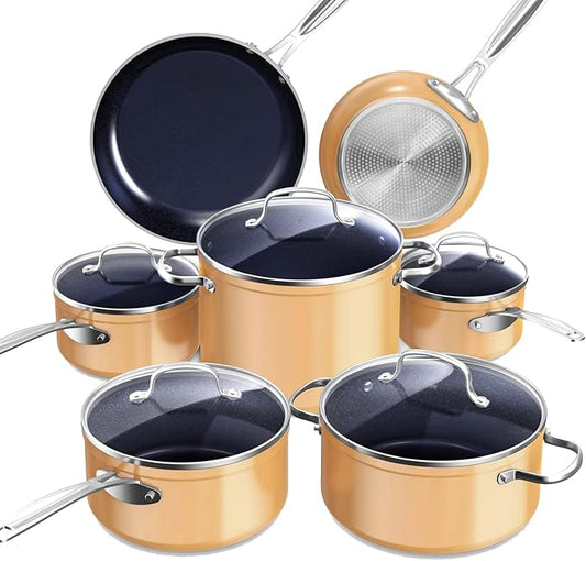 Nuwave Healthy Duralon Blue Ceramic Nonstick Cookware Set, Diamond Infused Scratch-Resistant, PFAS Free, Dishwasher & Oven Safe, Induction Ready & Evenly Heats, Tempered Glass Lids & Stay-Cool Handles by NuWave