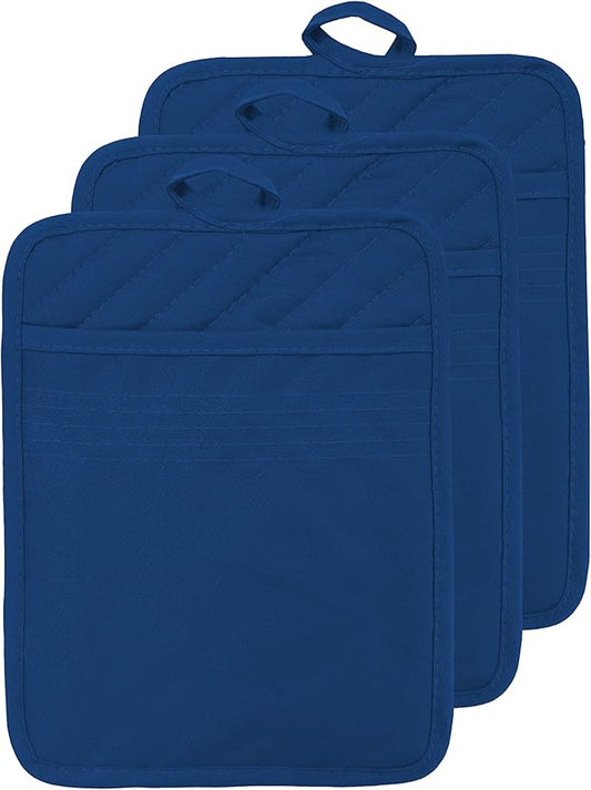 Cotton Pocket Pot Holders Machine Washable Heat Resistant Hot Pads for Kitchen Square Blue Oven Mitts 7"x9" Set of 3 by VEIKERY