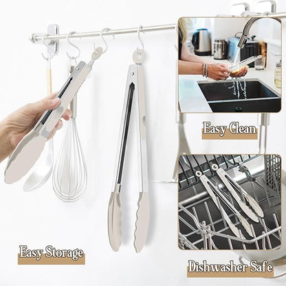 TeamFar Kitchen Tongs, 9" and 12" Stainless Steel Cooking Tongs with Silicone Tips for Cooking Grilling Serving & BBQ, Heat Resistant Silicone Tongs, Locking Design & Dishwasher Safe, Set of 2 & Khaki - Image 5