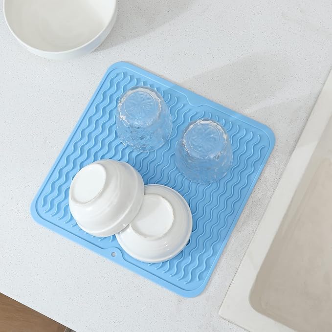 MicoYang Silicone Dish Drying Mat for Multiple Usage,Easy clean,Eco-friendly,Heat-resistant Silicone Mat for Kitchen Counter or Sink,Refrigerator or Drawer liner Light Blue M 12 inches x 12 inches - Image 5