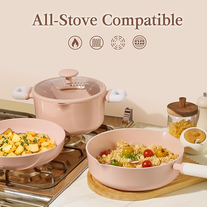 CAROTE Pots and Pans Set Nonstick, Ceramic Cookware Set, Pink Cooking Set Kitchen Induction Set with Steamer, PFAS PTFE Free,9 Piece - Image 6