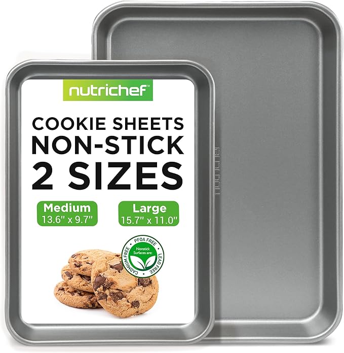 NutriChef 2-Piece Large & Medium Cookie Sheets for Baking - Non Stick Baking Sheet for Cookies, Sheet Cakes & Roasting - Dishwasher Safe - Gray by NutriChef%E2%84%A2Kitchen