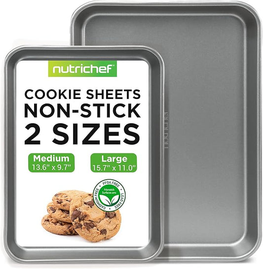 NutriChef 2-Piece Large & Medium Cookie Sheets for Baking - Non Stick Baking Sheet for Cookies, Sheet Cakes & Roasting - Dishwasher Safe - Gray by NutriChef%E2%84%A2Kitchen