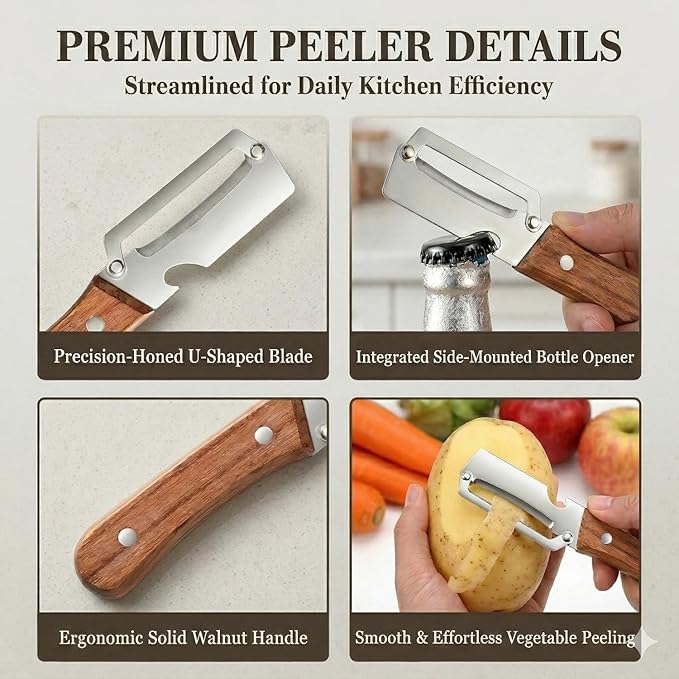 2-in-1 Vegetable Peeler with Wooden Handle, Premium Stainless Steel Peeler with Built-in Bottle Opener, Multifunctional Kitchen Tool for Potato, Apple, Carrot, Pumpkin (1) - Image 7