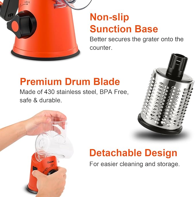 Geedel Rotary Cheese Grater, Kitchen Mandoline Vegetable Slicer with 3 Interchangeable Blades, Easy to Clean Rotary Grater Slicer for Fruit, Vegetables, Nuts - Image 6
